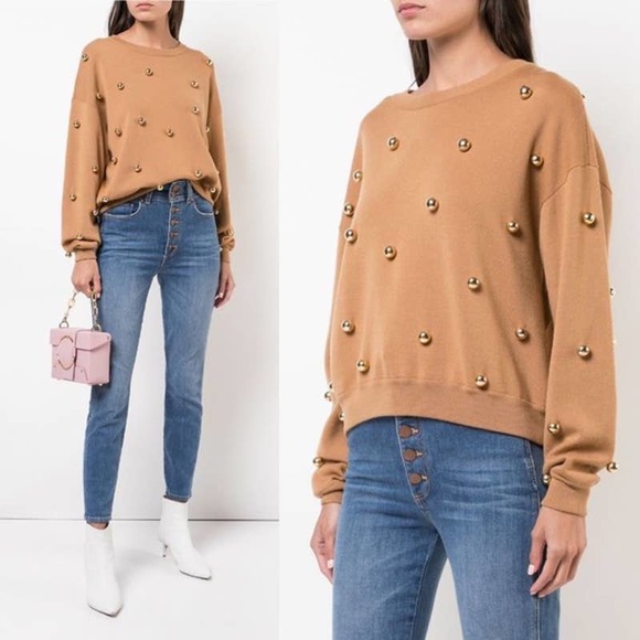 Alice + Olivia Sweater Medium Beige Tan Wool Gleeson Metal Ball Long Sleeve Crew - Picture 1 of 10